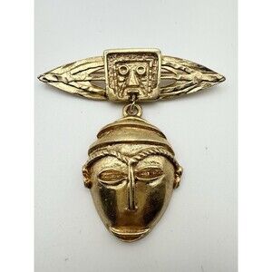 Vintage African Mask Tribal Brooch Gold Tone